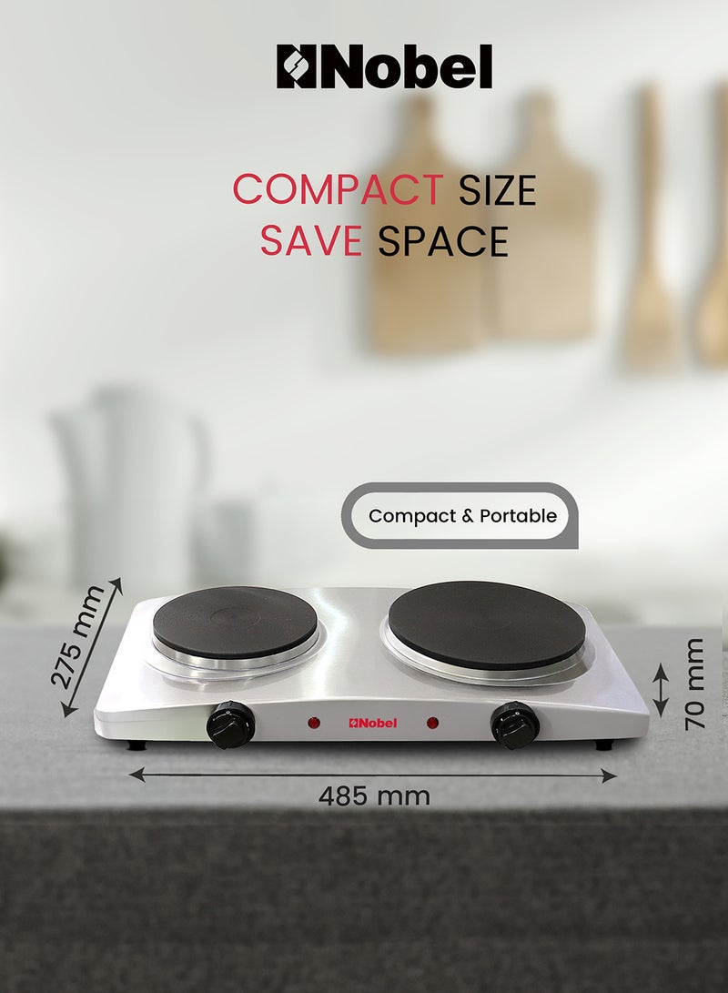 Nobel - Electric Dual Hot Plate with Overheat Protection and Indication Light  and 185mm + 155 mm Hot Plate 2500 W NHP402SS Silver - Image 1