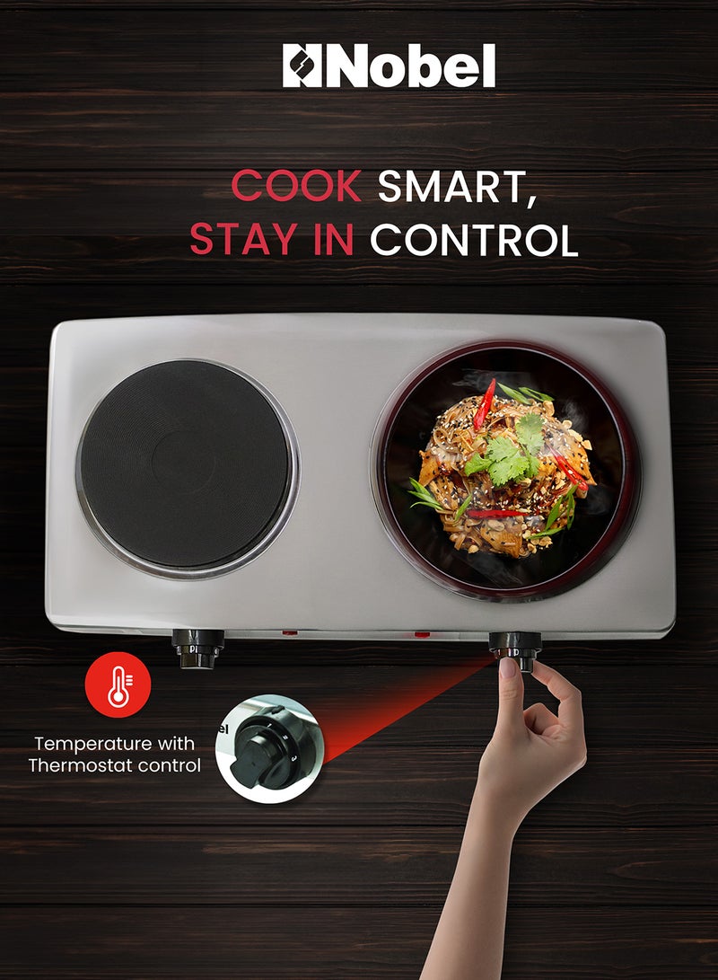 Nobel - Electric Dual Hot Plate with Overheat Protection and Indication Light  and 185mm + 155 mm Hot Plate 2500 W NHP402SS Silver - Image 1