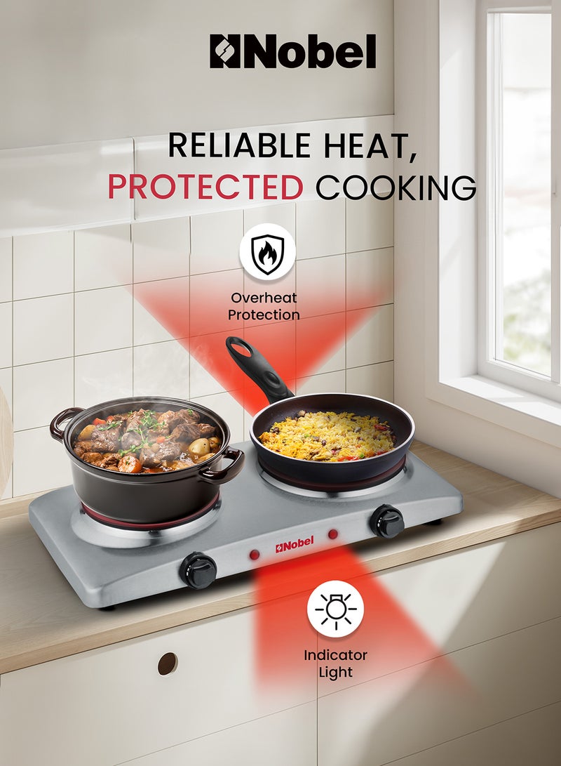 Nobel - Electric Dual Hot Plate with Overheat Protection and Indication Light  and 185mm + 155 mm Hot Plate 2500 W NHP402SS Silver - Image 1