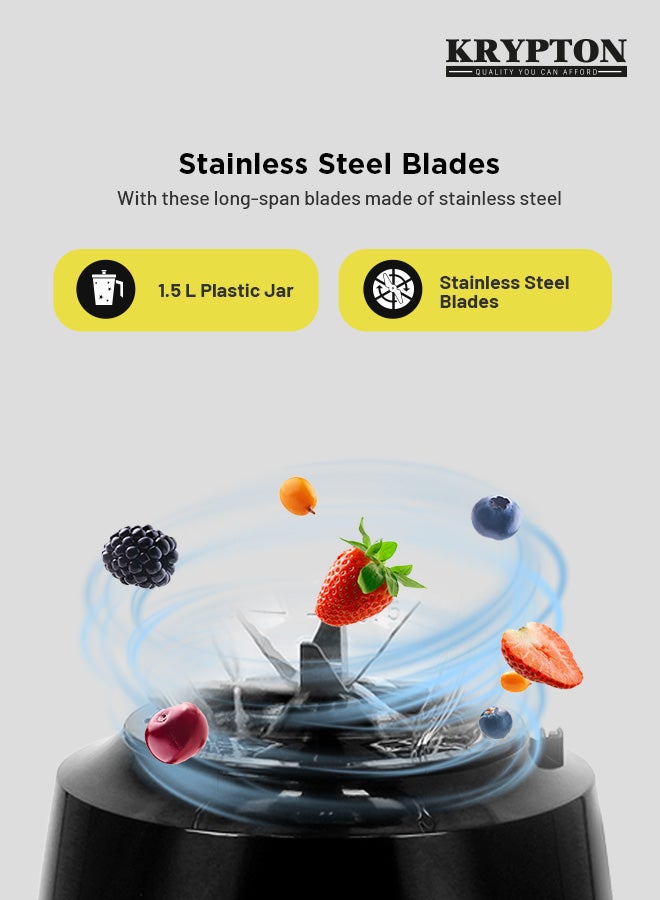 KRYPTON - 3 in 1 Blender with Stainless Steel Blades, Unbreakable PC Jar with Grinder Cups,  2 Speed Switch with Pulse Function, Powerful Motor and Stylish Design 1.5 L 500 W KNB6136N Black/Clear - Image 1