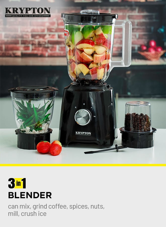 KRYPTON - 3 in 1 Blender with Stainless Steel Blades, Unbreakable PC Jar with Grinder Cups,  2 Speed Switch with Pulse Function, Powerful Motor and Stylish Design 1.5 L 500 W KNB6136N Black/Clear - Image 1
