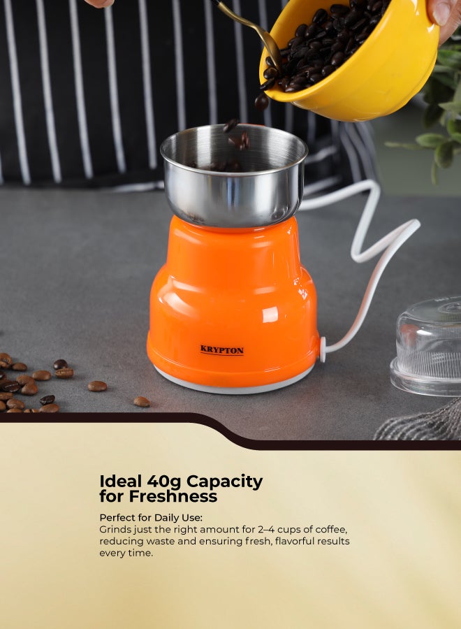 KRYPTON Electric Coffee Grinder – 150W Powerful Motor | 40g Bean Cup Capacity | Stainless Steel Blade & Jar | Ergonomic Grip | Multi-Purpose for Coffee Beans, Spices, Nuts, Bread, Herbs 150 W KNCG6201T Orange - Image 3