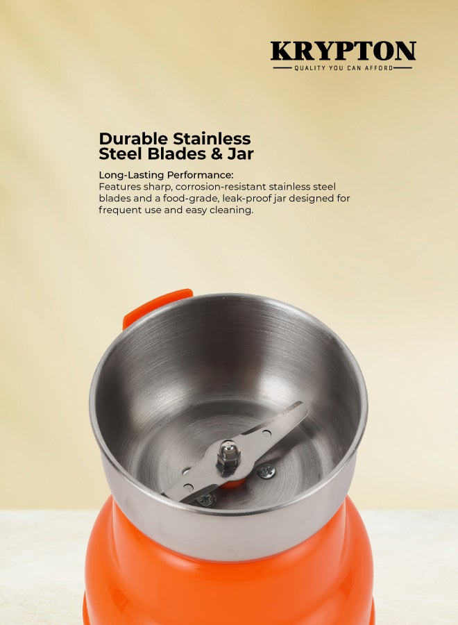 KRYPTON Electric Coffee Grinder – 150W Powerful Motor | 40g Bean Cup Capacity | Stainless Steel Blade & Jar | Ergonomic Grip | Multi-Purpose for Coffee Beans, Spices, Nuts, Bread, Herbs 150 W KNCG6201T Orange - Image 2