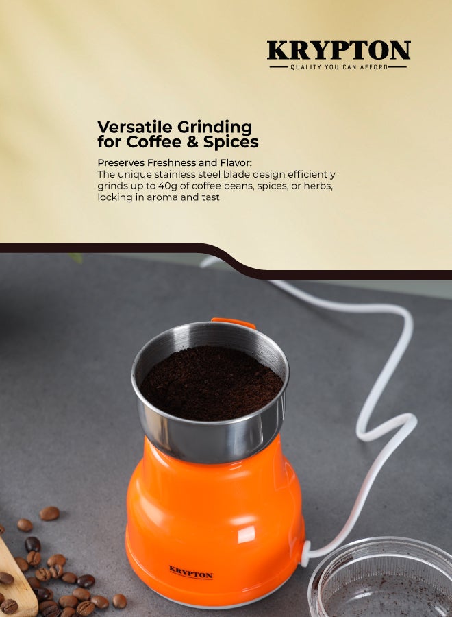 KRYPTON Electric Coffee Grinder – 150W Powerful Motor | 40g Bean Cup Capacity | Stainless Steel Blade & Jar | Ergonomic Grip | Multi-Purpose for Coffee Beans, Spices, Nuts, Bread, Herbs 150 W KNCG6201T Orange - Image 4