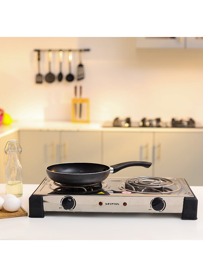 KRYPTON Stainless Steel Double Burner Hot Plate with Adjustable Temperature Control, Auto-thermostat, Operating on/off Indicator Light, Overheat Protection 2000 W KNHP5310 Silver - Image 2
