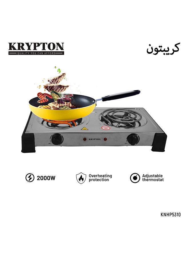 KRYPTON Stainless Steel Double Burner Hot Plate with Adjustable Temperature Control, Auto-thermostat, Operating on/off Indicator Light, Overheat Protection 2000 W KNHP5310 Silver - Image 1