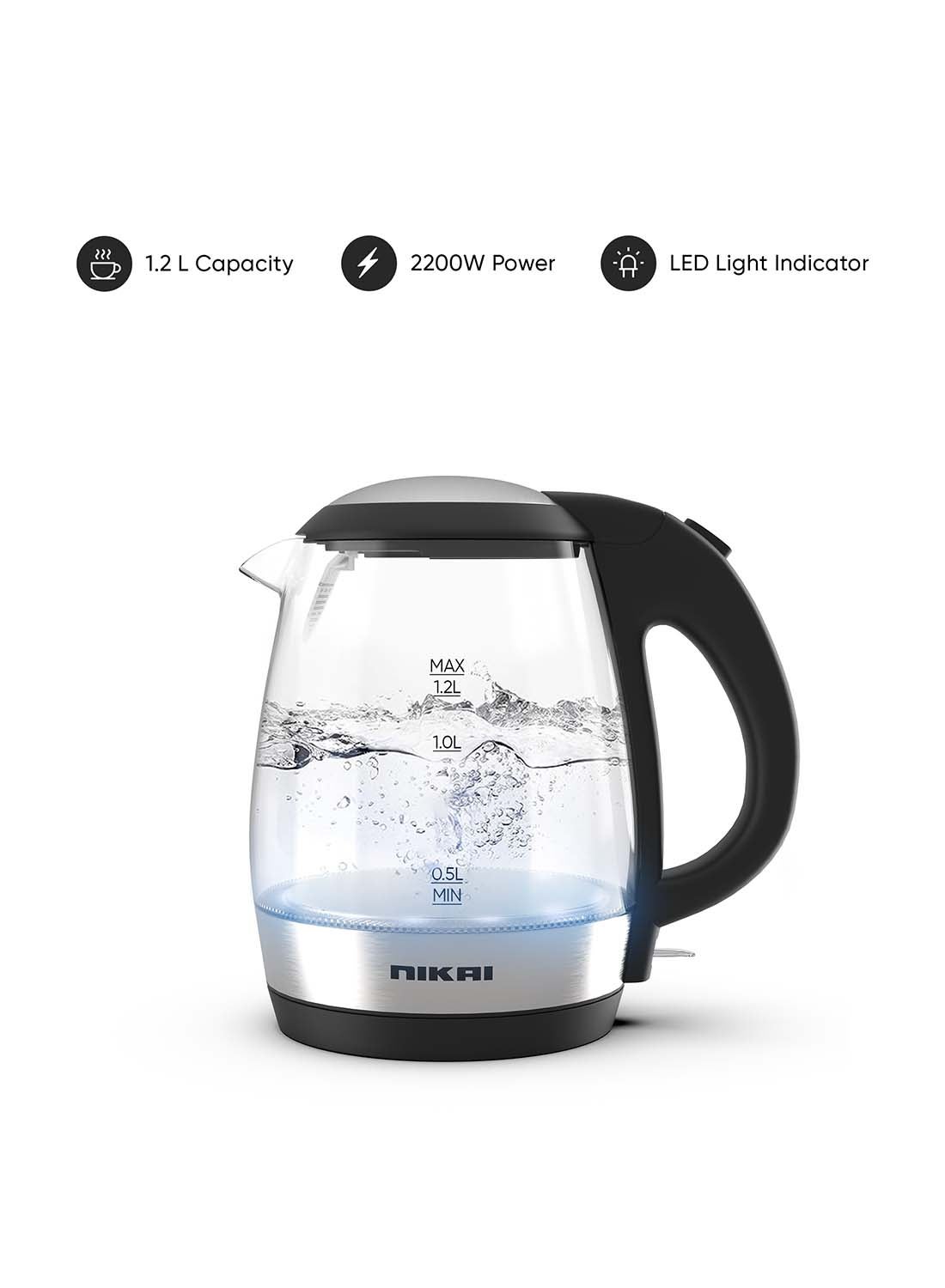 Compact, Electric Glass Kettle, Effortless Boiling Elegance, Auto Lid Opening, Led Indicator, Boil Dry Protection, Integrated Filter, 360° Rotating Base For Home And Office Use 1.2 L 2200 W NK303G Clear/Silver/Black 