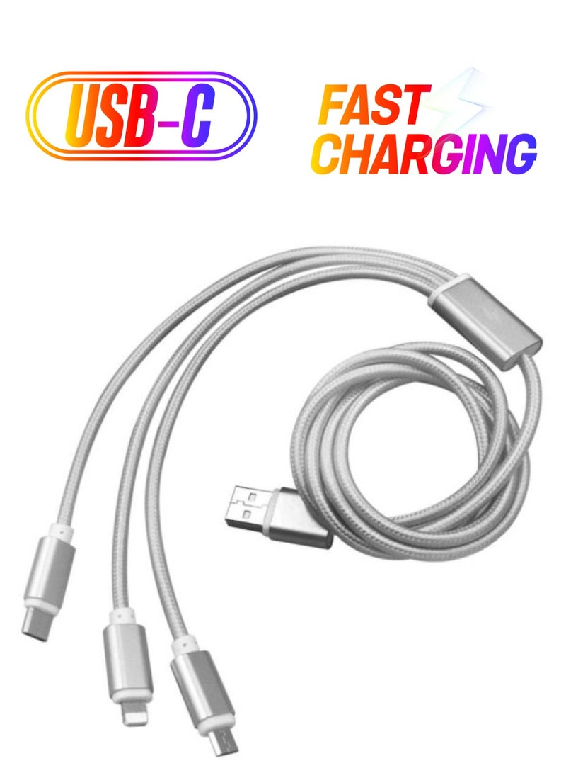 3-In-1 Braided Micro USB Data Charger Cable Silver - Image 1