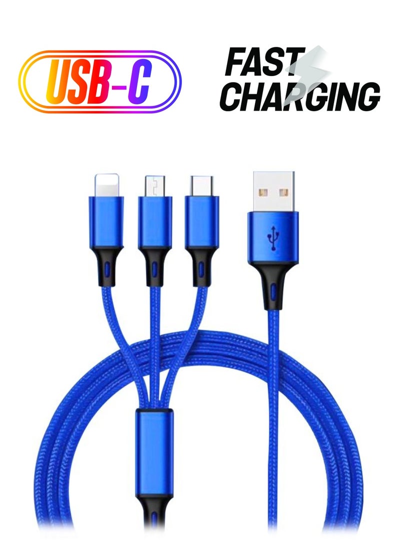كابل USB مضفر 3 في 1 للشحن ومزامنة البيانات أزرق / فضي - Image 1