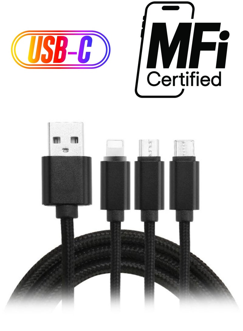 3-In-1 Braided USB Charging Cable Black - Image 1