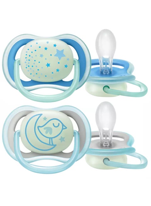 2 - Pieces Ultra Air Night Buddy Bear Soft Baby Pacifier Set For 6M Plus - White And Blue