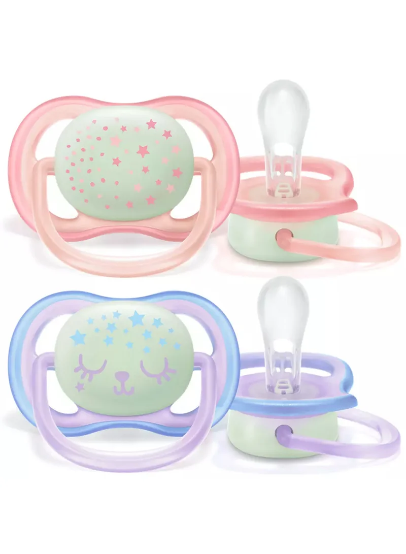 PHILIPS AVENT Pack Of 2 Ultra Air Night Soft Pacifier Set for 0-6 Months, Assorted Color - SCF376/12