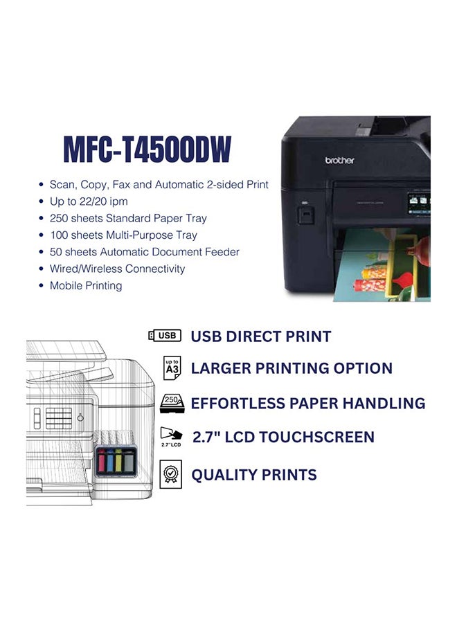 brother MFC-T4500DW A3 All in One Wireless Colour Ink Tank Printer | Auto 2-sided Print | 50 Sheets ADF | Print, Scan, Copy, Fax | Up to 22/20 ipm (Mono/Color) | WiFi And High Speed USB - Black  - Image 2