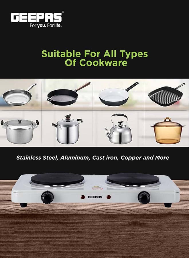 GEEPAS - Dual Hot Plate | Overheat protection | Cast Iron Heating Plate 155mm - Portable Electric Hob with Temperature Control for Home, Camping & Caravan Cooking, Suitable For All Types Of Cookware 2000 W GHP32014 White/Black - Image 1