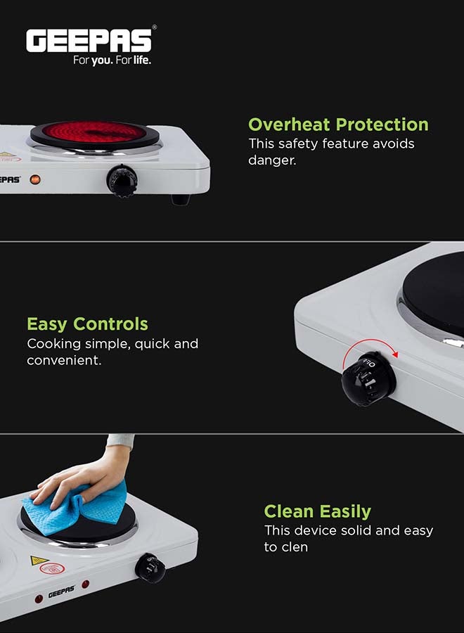 GEEPAS - Dual Hot Plate | Overheat protection | Cast Iron Heating Plate 155mm - Portable Electric Hob with Temperature Control for Home, Camping & Caravan Cooking, Suitable For All Types Of Cookware 2000 W GHP32014 White/Black - Image 1