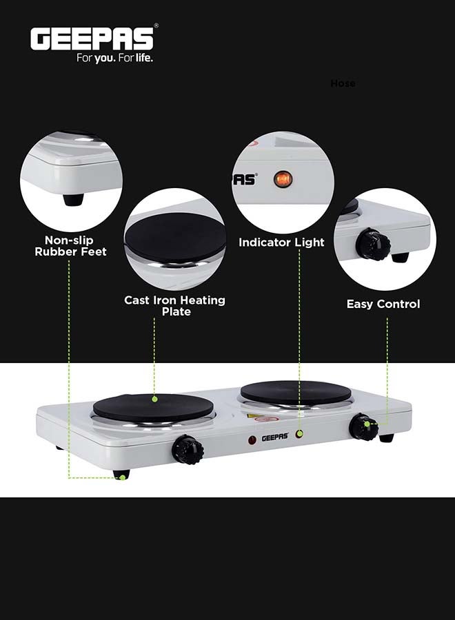 GEEPAS - Dual Hot Plate | Overheat protection | Cast Iron Heating Plate 155mm - Portable Electric Hob with Temperature Control for Home, Camping & Caravan Cooking, Suitable For All Types Of Cookware 2000 W GHP32014 White/Black - Image 1