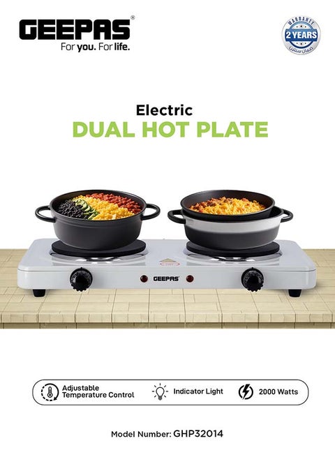 Dual Hot Plate | Overheat protection | Cast Iron Heating Plate 155mm - Portable Electric Hob with Temperature Control for Home, Camping & Caravan Cooking, Suitable For All Types Of Cookware 2000 W GHP32014 White/Black