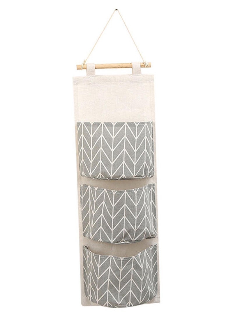 3 Pockets Wall Door Closet Home Hanging Storage Bag Linen Fabric Organizer Pouch Multicolour 67*20cm - Image 1