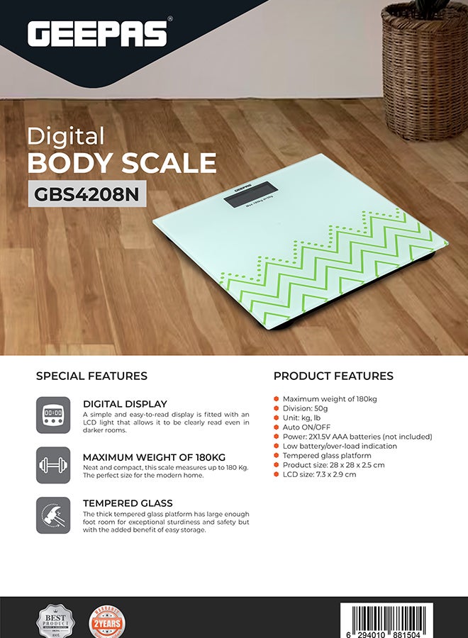 GEEPAS - Digital Body Scale 180 Kg Capacity, Multi-Purpose Weighing Machine With Low Battery And Overload Indicator, For Human Body-Weight, Tempered Glass Top, 2 Years Warranty Gbs4208 - Image 1