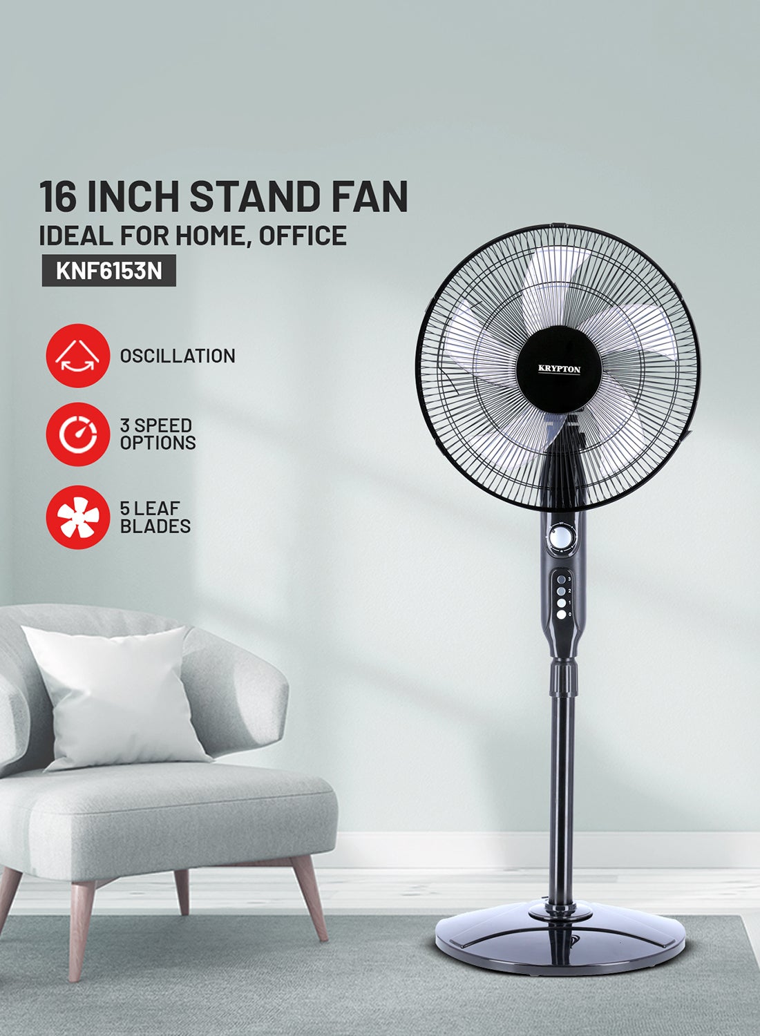 KRYPTON Oscillating Stand Fan KNF6153 Black 