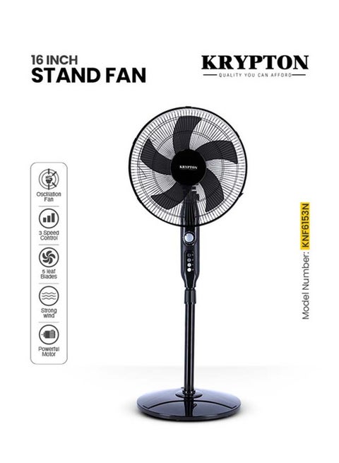 16" Stand Fan with Aerodynamic design 50/60Hz, 3-Leaf Blades, 3-Speed Control, Oscillation, Child protection, Powerful Motor/Strong Safety Grill, Super Silent, Adjustable Height, Built In Safety Thermal Fuse/Suitable For Large Spaces, Home, Office & Super Strong Blades 70 W KNF6153L Black