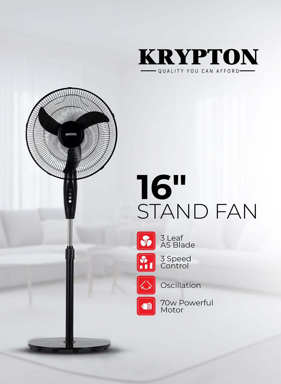 16” Pedestal Fan | 3 AS Blades High-Speed Stand Fan with Powerful 70W Motor | 3-Speed Settings | Silent Air Circulation | Adjustable Tilt & Oscillation | Ideal for Home, Office & Garage Use 70 W KNF6153L Black