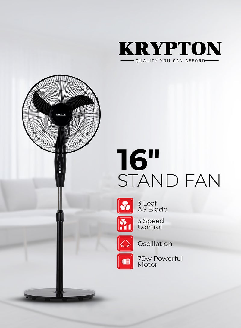 KRYPTON 16” Pedestal Fan | 3 AS Blades High-Speed Stand Fan with Powerful 70W Motor | 3-Speed Settings | Silent Air Circulation | Adjustable Tilt & Oscillation | Ideal for Home, Office & Garage Use 70 W KNF6153L Black - Image 1