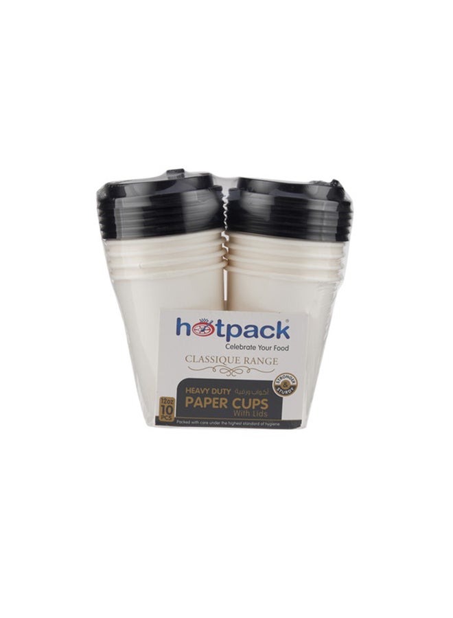 Hotpack Soft N Cool Hotpack Disposable Heavy Duty Paper Cup White 12 ounce with Black Lid, 10 Pieces for Hot & Cold Drinks, Coffee & Tea. White/Black - Image 1