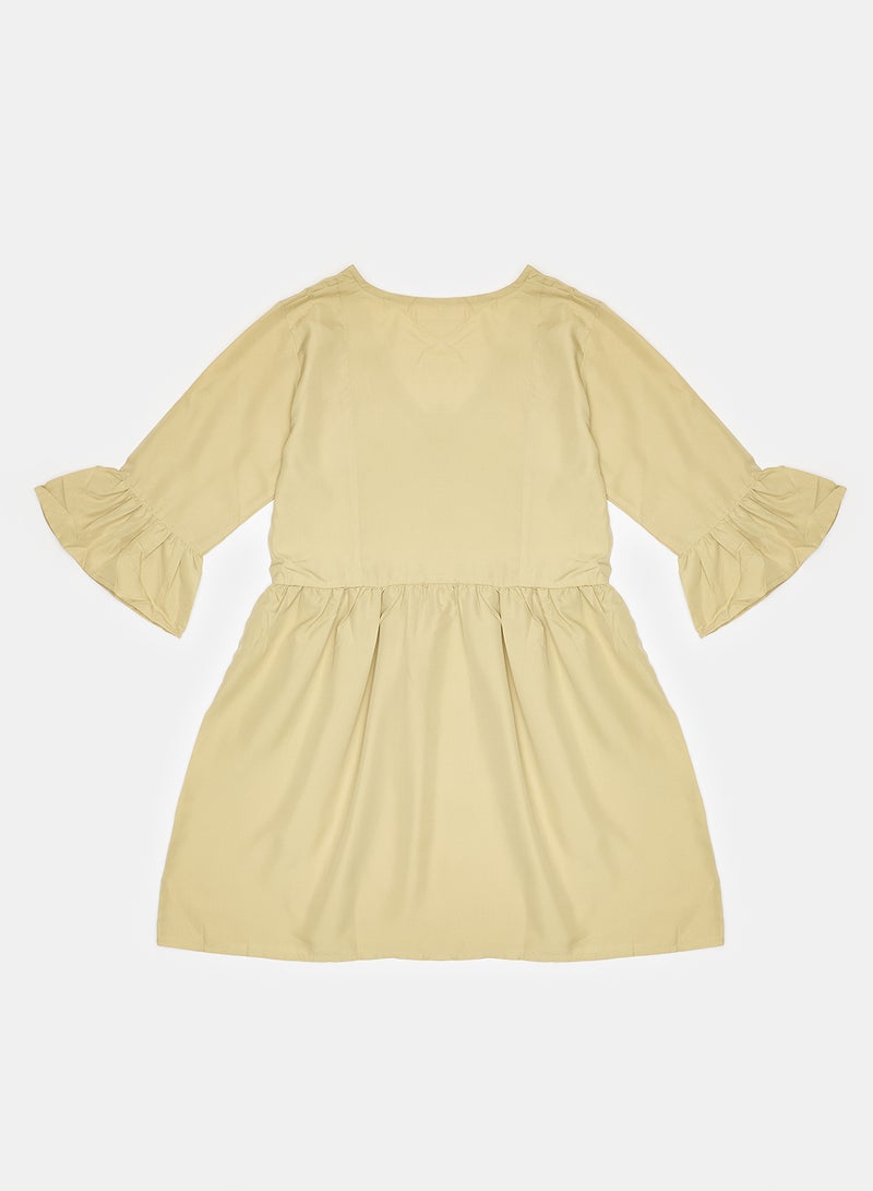 Closet Solid Bell Sleeves Mini Dress With V Neck Beige  - Image 2
