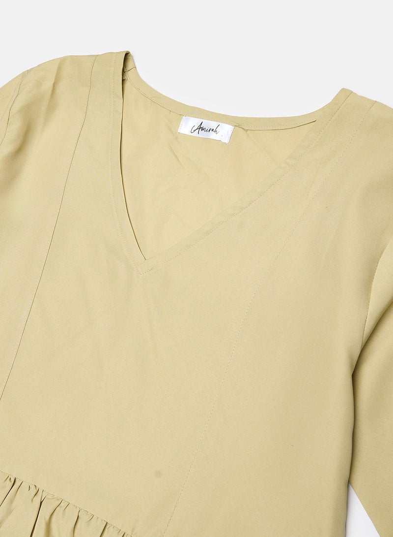 Closet Solid Bell Sleeves Mini Dress With V Neck Beige  - Image 3