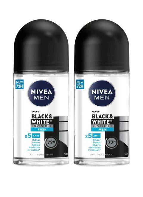 Pack Of 2 Black And White Invisible Fresh Antiperspirant Roll On 50ml