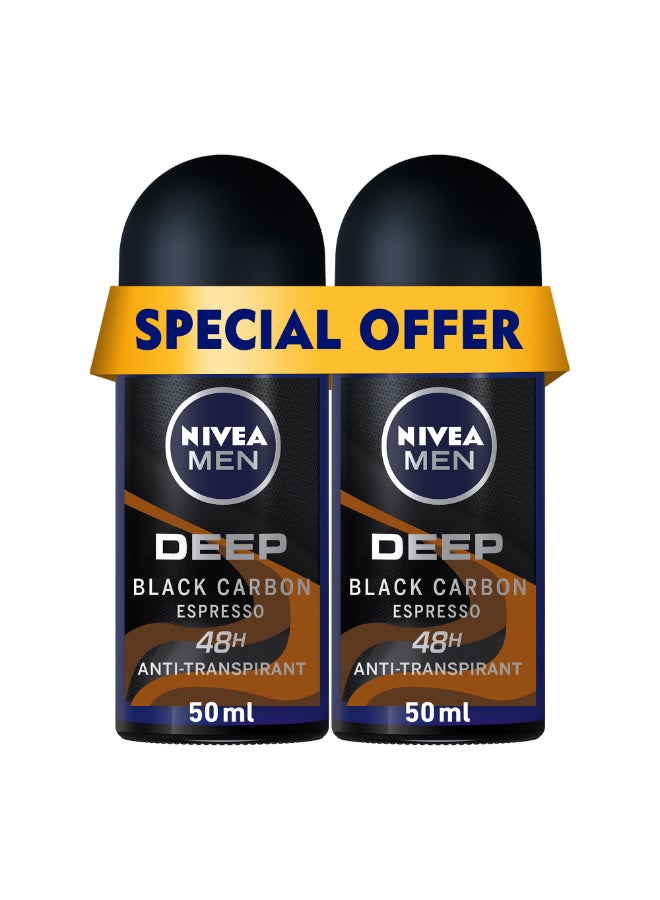 Nivea Pack Of 2 Deep Black Carbon Espresso Antiperspirant Roll On 50ml  - Image 1