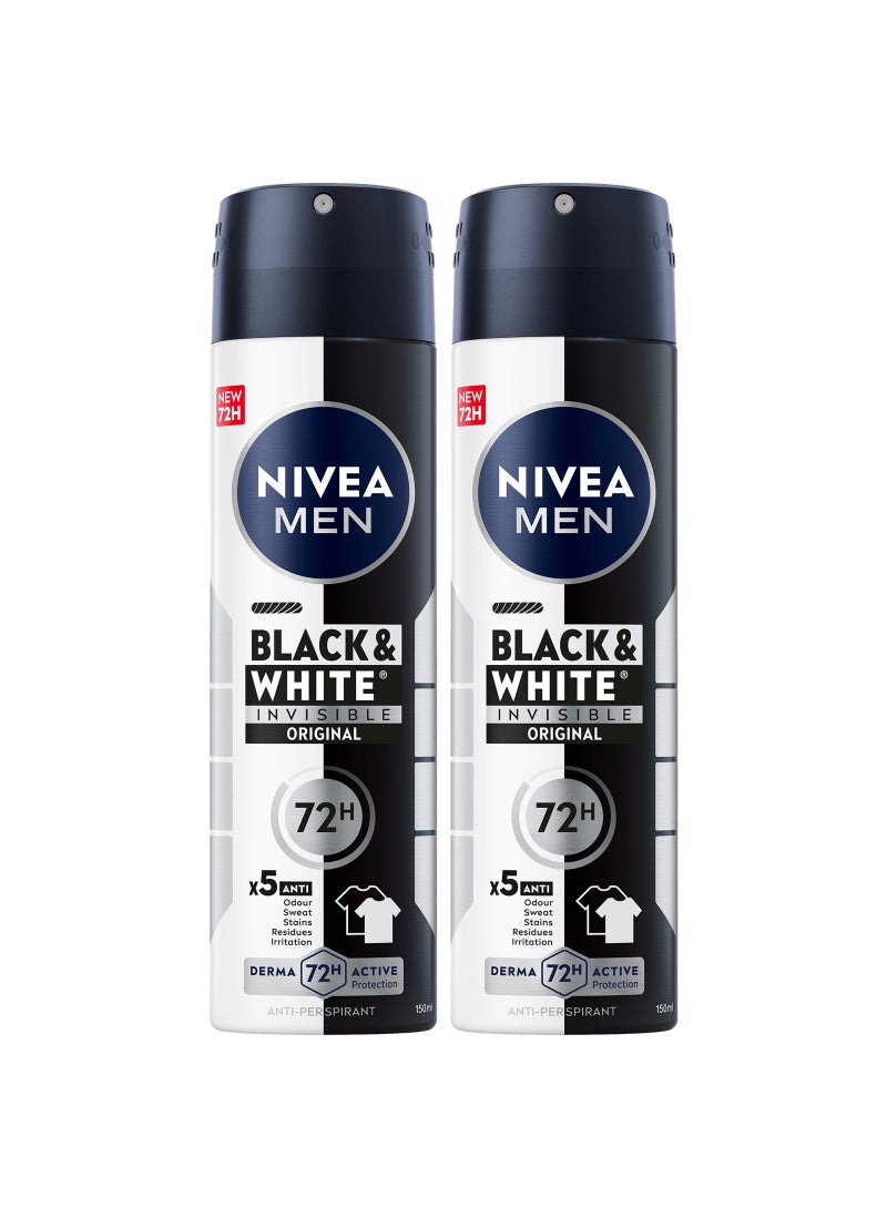 Nivea Pack Of 2 Men Black And White Invisible Original Antiperspirant Spray 150ml - Image 1