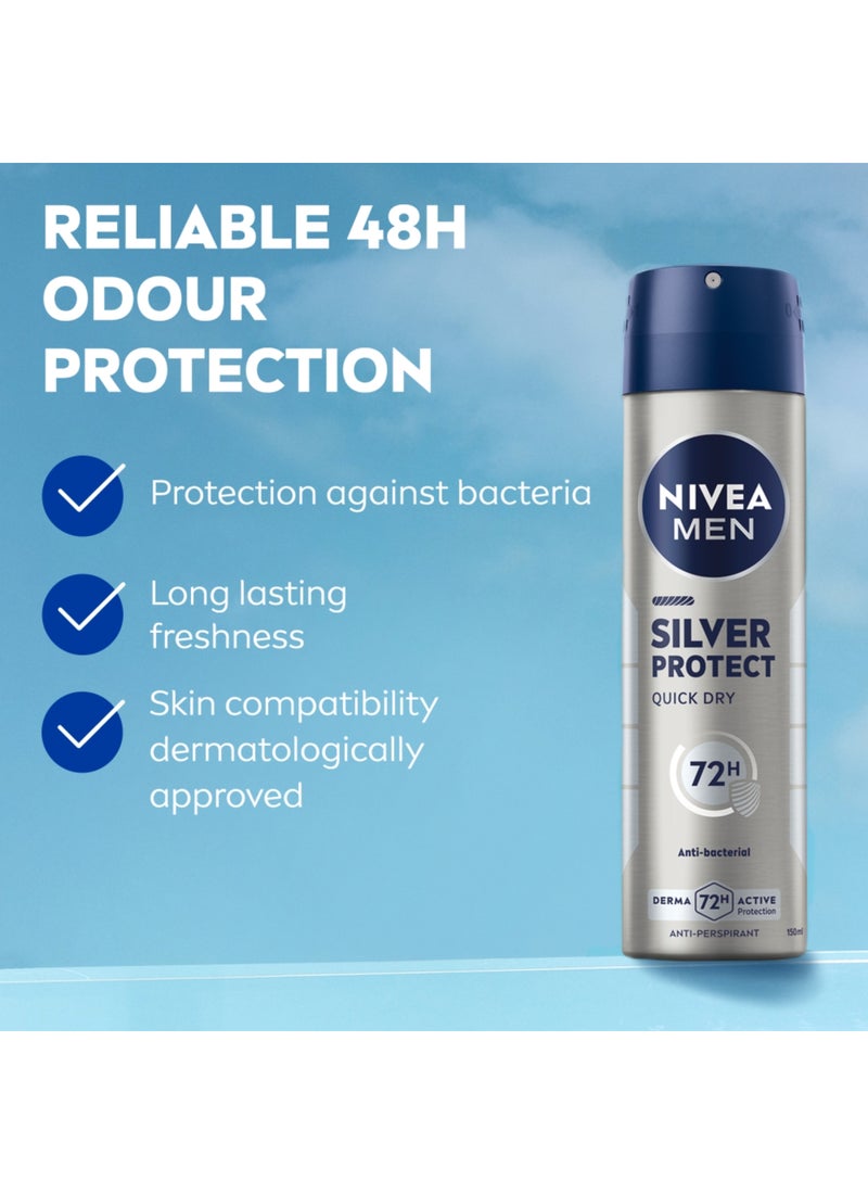 Nivea Silver Protect Antiperspirant For Men Antibacterial Protection Spray 150ml - Image 2