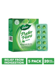 Dabur Pudin Hara Instant Cooling Relief From Indigestion Stomach Ache Gas And Acidity 20 Pearls Pack Of 5  - Image 1