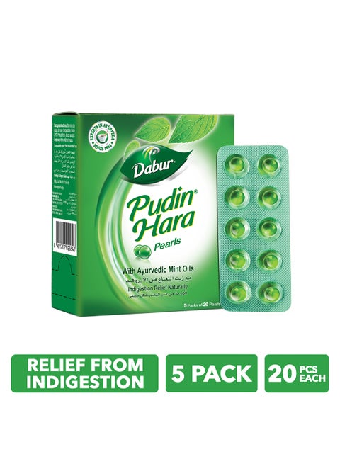 Pudin Hara Instant Cooling Relief From Indigestion Stomach Ache Gas And Acidity 20 Pearls Pack Of 5