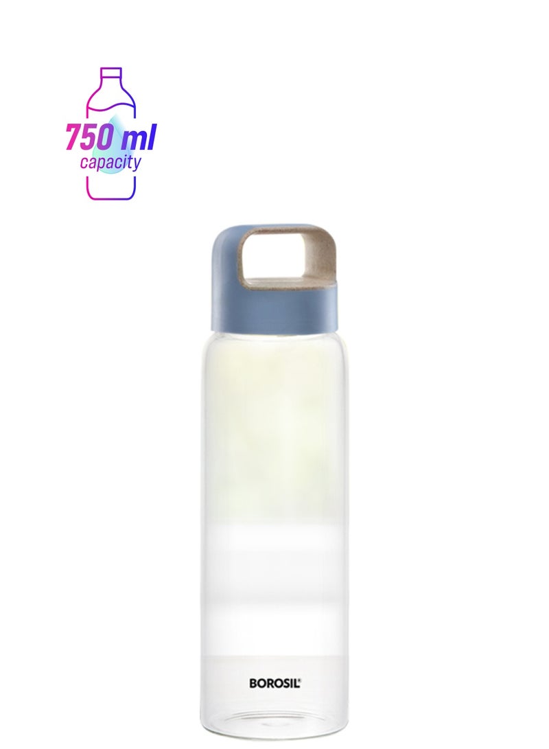 BOROSIL Wide Mouth Glass Water Bottle With Lid Clear/Blue  - Image 1