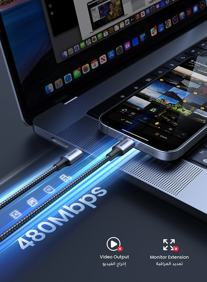 يو جرين - كابل بمنفذ مضفر من النايلون من مقبس USB-C إلى USB-C 2.0 متوافق مع آي باد ميني/ برو/ ماك بوك الجديد، وجالاكسي +‎S21، S21 ألترا، وهواوي P30 وP20، وشاومي 11 ألترا وما إلى ذلك - بطول 1 متر أسود - Image 1
