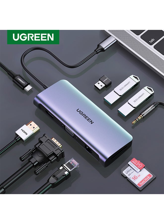 Ugreen - USB C Hub 10 in 1 Type C Hub with Ethernet 4K USB C to HDMI VGA PD Power Delivery 3 USB 3.0 Ports USB C to 3.5mm SD/TF Cards Reader for MacBook Pro/Air iPad Pro Silver - Image 1