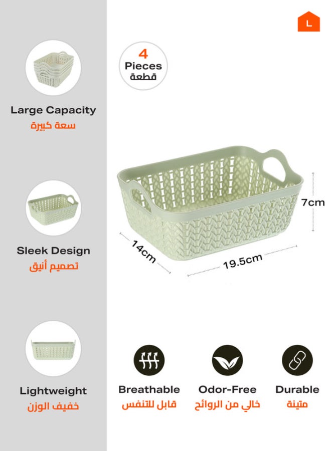 LAWAZIM Plastic Storage Baskets - 4 Piece Shelf Organizers Set, Durable Plastic Baskets for Home, Kitchen, Office, and Bathroom Organization - Light Green, 19.5x14x7cm Grey 19.5x14x7cm  - Image 2