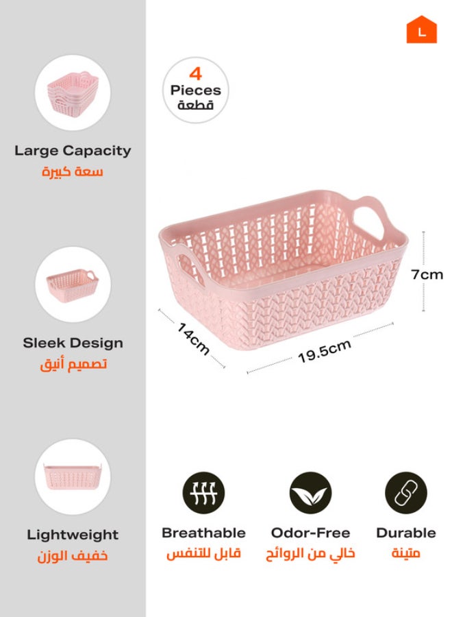 LAWAZIM Plastic Storage Basket- 4 Pieces Plastic Shelf Organizer, Durable and Baskets for Home Kitchen Office Organization, Bathroom Supplies Pink 19.5x14x7cm Pink 19.5x14x7cm - Image 2