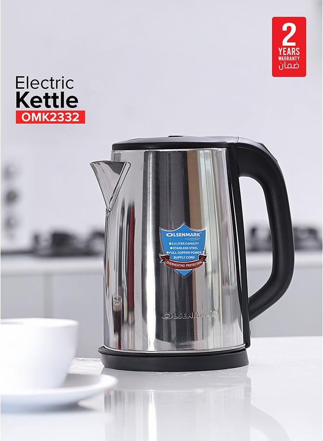 Electric Kettle, Cordless Heater, Stainless Steel Kettle, Boil Dry Protection and Auto Shut Off Feature, Ideal for Hot Water, Tea and Coffee Maker 2.5 L 1800 W OMK2332-OM Silver