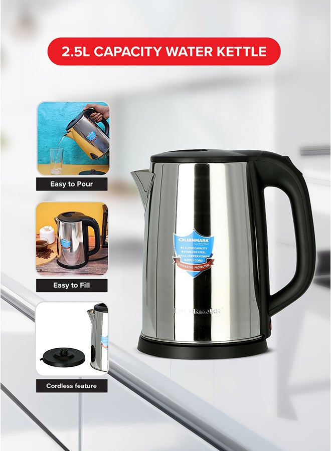 Olsenmark Electric Kettle, Cordless Heater, Stainless Steel Kettle, Boil Dry Protection and Auto Shut Off Feature, Ideal for Hot Water, Tea and Coffee Maker 2.5 L 1800 W OMK2332-OM Silver  - Image 3