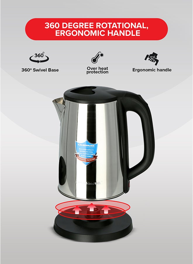 Olsenmark Electric Kettle, Cordless Heater, Stainless Steel Kettle, Boil Dry Protection and Auto Shut Off Feature, Ideal for Hot Water, Tea and Coffee Maker 2.5 L 1800 W OMK2332-OM Silver  - Image 5