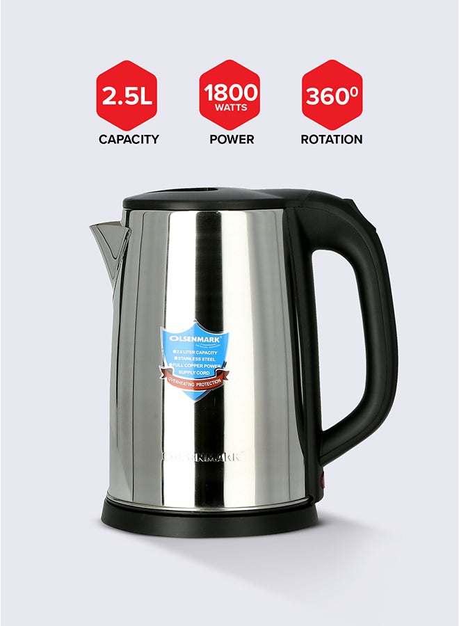 Olsenmark Electric Kettle, Cordless Heater, Stainless Steel Kettle, Boil Dry Protection and Auto Shut Off Feature, Ideal for Hot Water, Tea and Coffee Maker 2.5 L 1800 W OMK2332-OM Silver  - Image 2