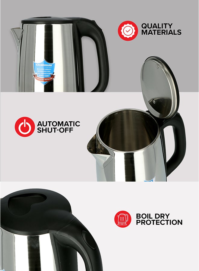 Olsenmark Electric Kettle, Cordless Heater, Stainless Steel Kettle, Boil Dry Protection and Auto Shut Off Feature, Ideal for Hot Water, Tea and Coffee Maker 2.5 L 1800 W OMK2332-OM Silver  - Image 4