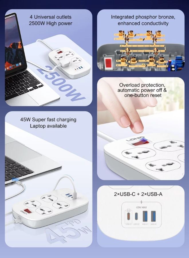 LDNIO Defender Series 2500W Heavy-Duty Power Strip with 4 Sockets, 2 USB-A, 2 USB-C Ports  – Overload Protection AndFire-Resistant Shell, Fast Charging Power Cord -  UAE ECAS Safety Certified White 2meter - Image 5