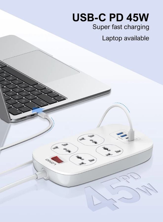 LDNIO Defender Series 2500W Heavy-Duty Power Strip with 4 Sockets, 2 USB-A, 2 USB-C Ports  – Overload Protection AndFire-Resistant Shell, Fast Charging Power Cord -  UAE ECAS Safety Certified White 2meter - Image 3
