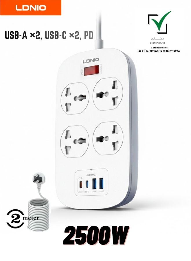 LDNIO Defender Series 2500W Heavy-Duty Power Strip with 4 Sockets, 2 USB-A, 2 USB-C Ports  – Overload Protection AndFire-Resistant Shell, Fast Charging Power Cord -  UAE ECAS Safety Certified White 2meter - Image 1