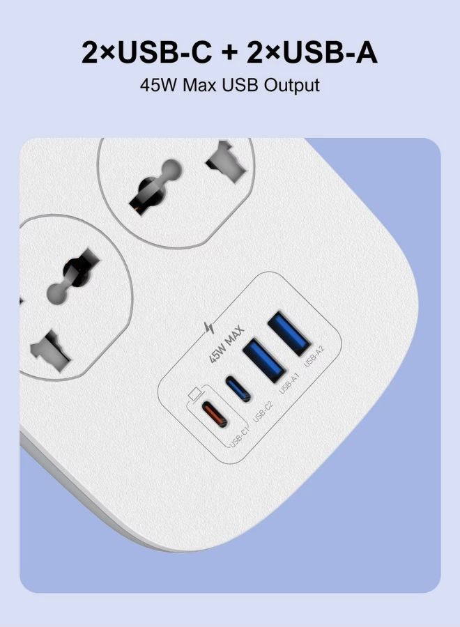 LDNIO Defender Series 2500W Heavy-Duty Power Strip with 4 Sockets, 2 USB-A, 2 USB-C Ports  – Overload Protection AndFire-Resistant Shell, Fast Charging Power Cord -  UAE ECAS Safety Certified White 2meter - Image 4